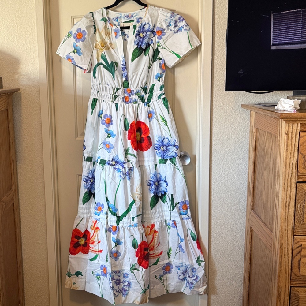 Anthropologie Somerset White Floral Tiered Midi Dress with Red & Blue Blooms